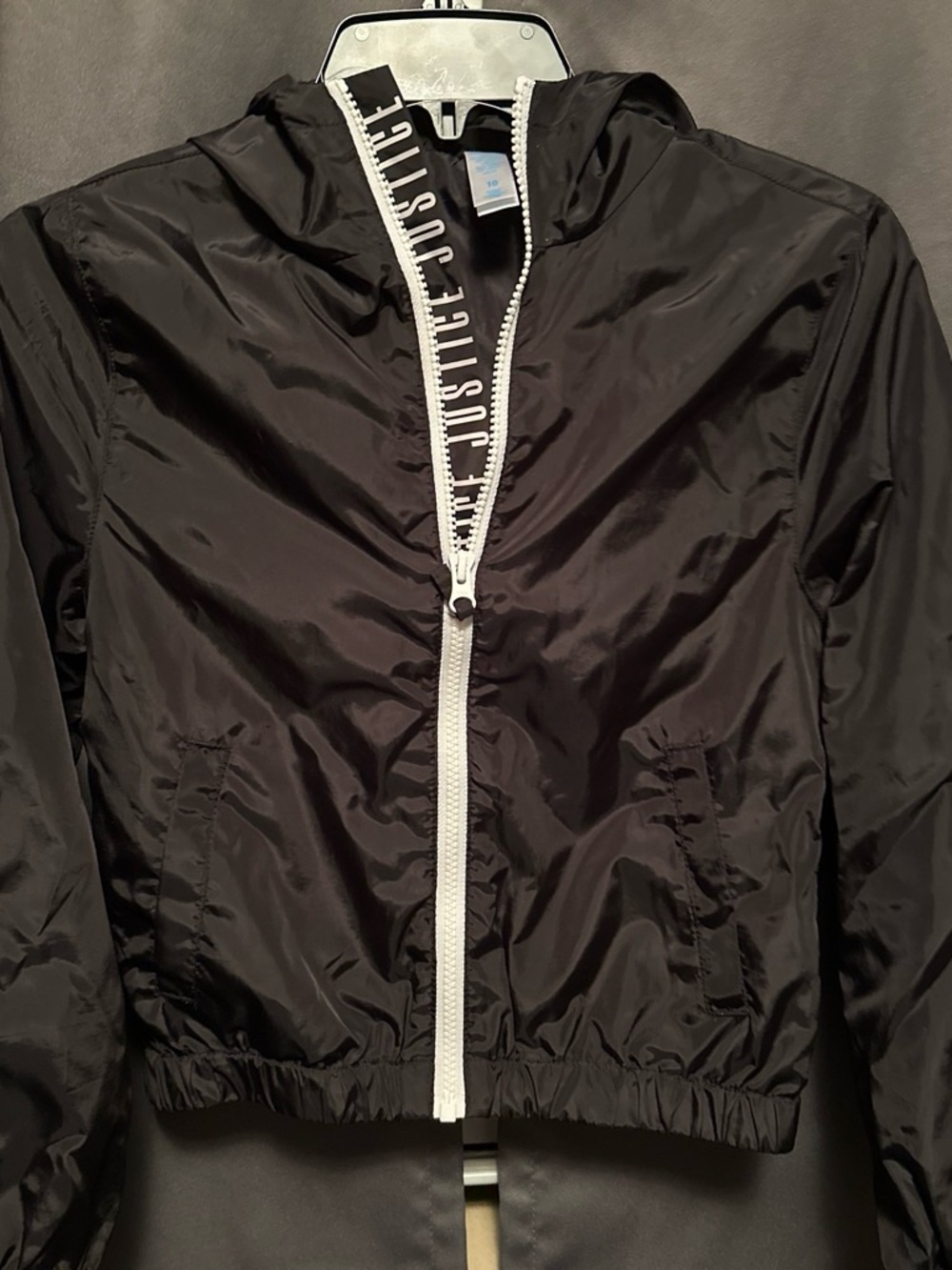Justice Black Hooded Bomber Jacket with White Zip Trim